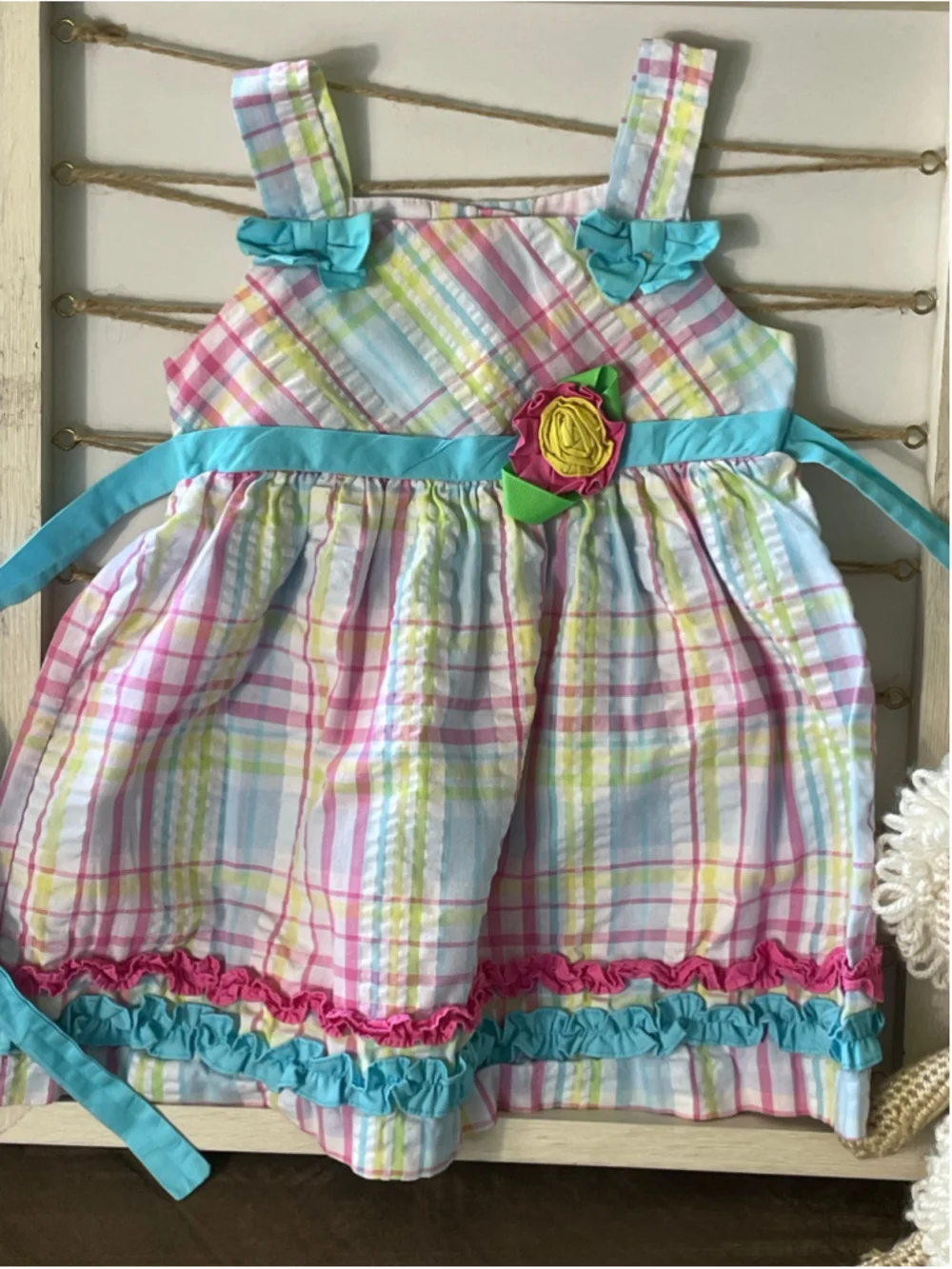 Vintabe Rare Editions Girls 24 Months Pastel Rainbow Plaid Dress Summer Ruffle